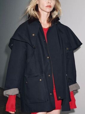 Zara Hooded Contrast Collar Trench Coat ZW Detachable Hood Lagenlook French Girl